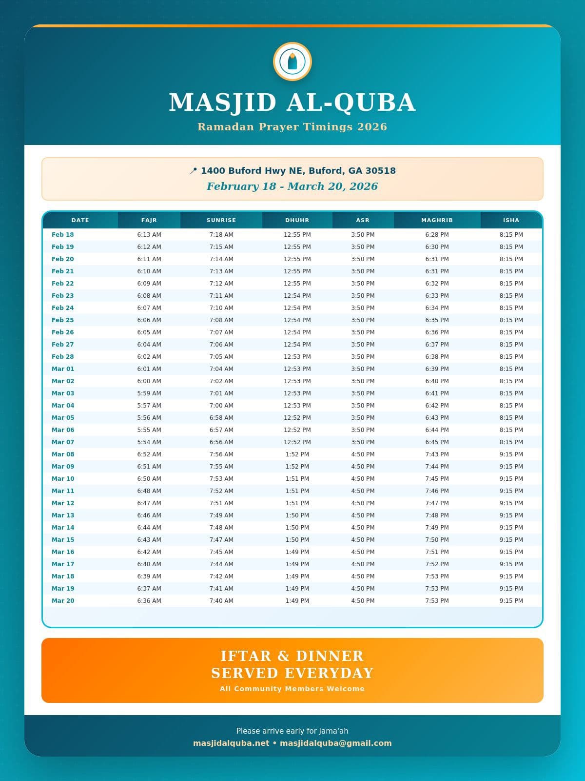 Masjid Al-Quba Ramadan Prayer Timings 2026 timetable